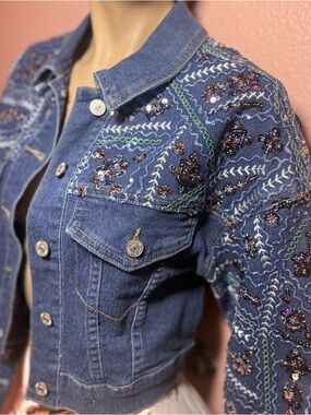 Embellished Denim Jacket Cropped Blue Sequin Embroidered Boho Western